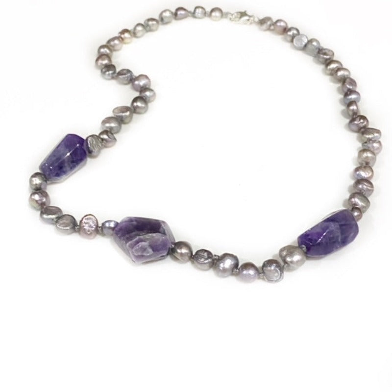 19-inch amethyst nuggets and lavender hand-knotted necklace