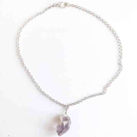 Amethyst raw organic 1 inch pendant wire-wrapped on silver-plated chain top full view