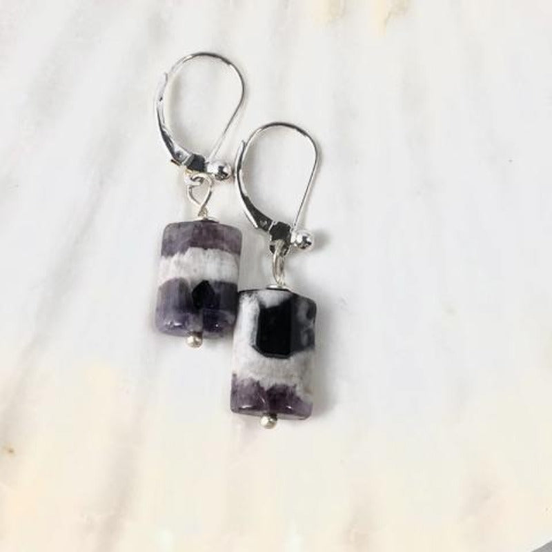 Amethyst Striped Rectangular earrings Sterling Silver Leverbacks on Shell 