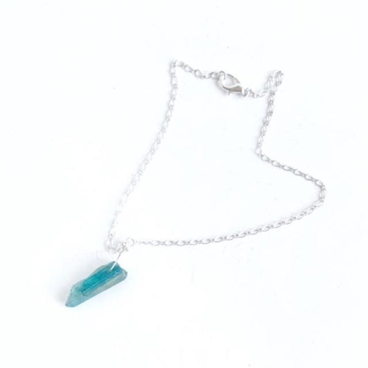 Aqua Electroplated Quartz 1 1/4" Wire-wrapped pendant silver-plated chain