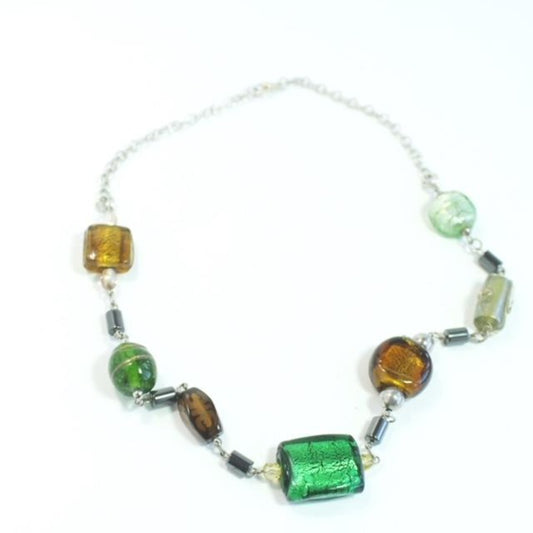 Asymmetrical Light Brown Green Foil Glass Wire-wrapped Necklace Top View