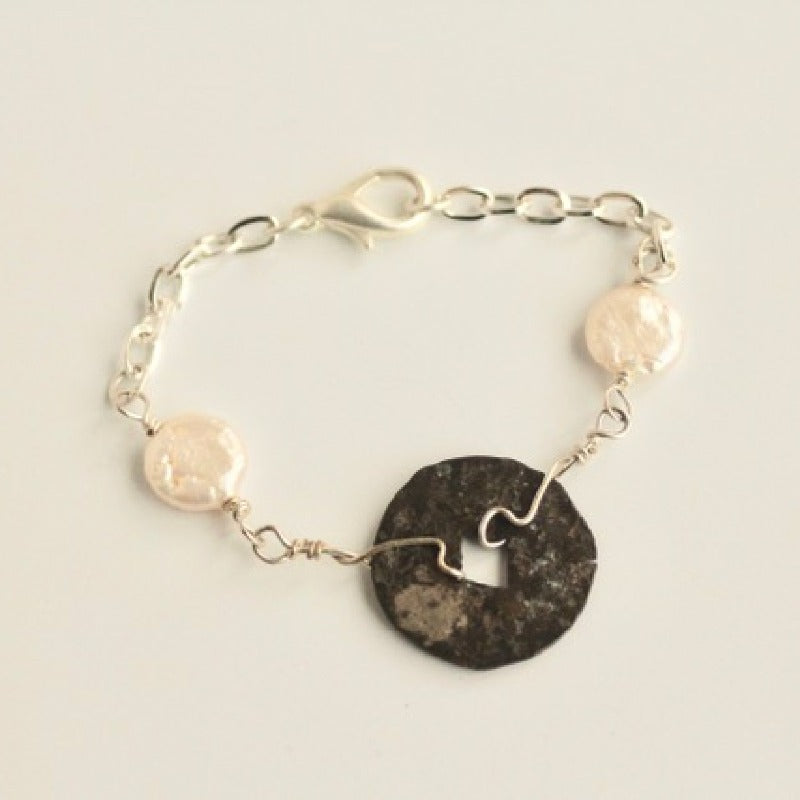 Chinese Antique Coin and Pearl Coin wire-wrapped bracelet top view