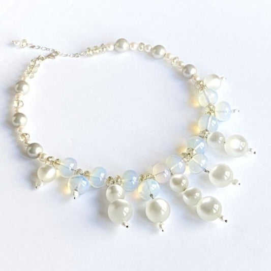 Beaded Ivory Lucite and Opalite Choker Necklace Top View