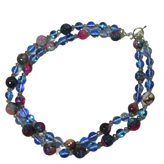 Beaded Multi-Coloured Agates Blue Iridescent Crystal Glow Fantasy Double Strand Necklace