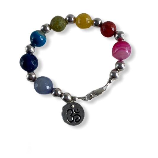 Beaded Multi-coloured Agate Yoga Chakra OM Bracelet Top View