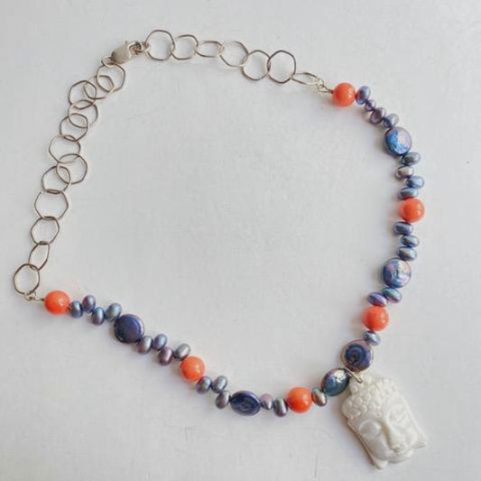 Beaded Pearl Buddha Necklace with Sterling Hexagonal Chain Top View