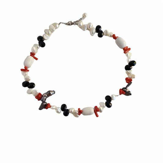 Beaded Pearl Black Onyx Red Coral Necklace 17 1/2" Top View