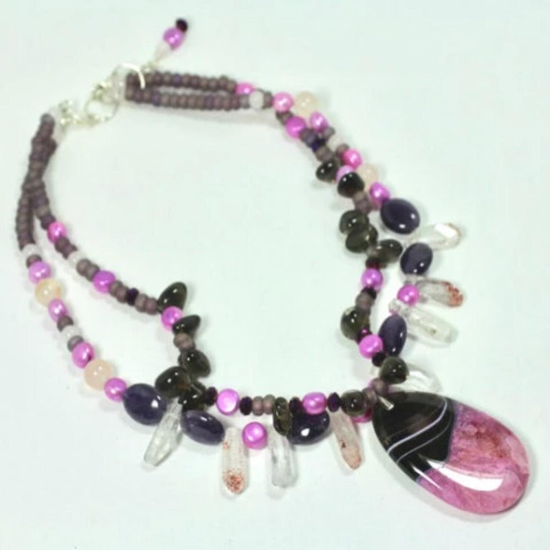 Beaded Pink Black Agate Fantasy Double Strand Necklace Side View 