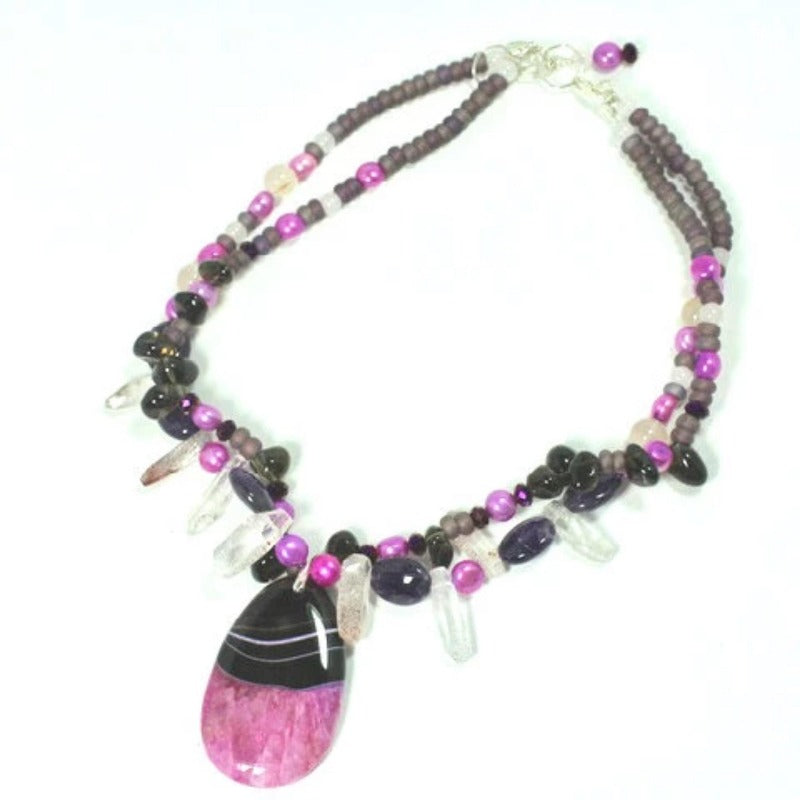 Beaded Pink Black Agate Fantasy Double Strand Necklace Top View