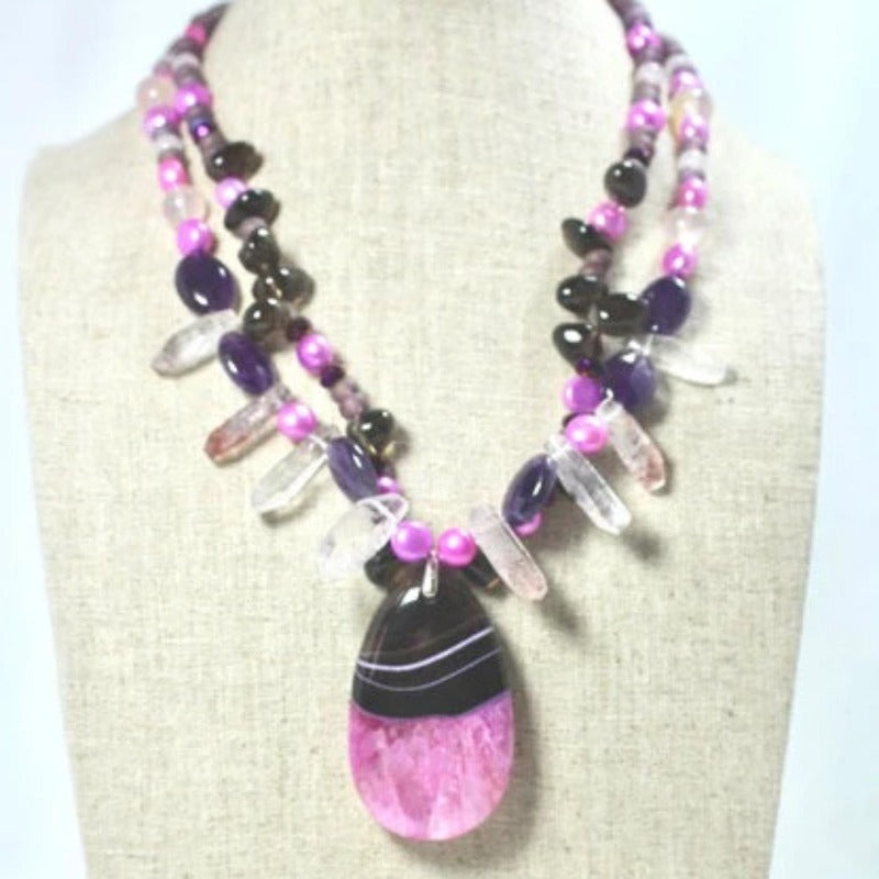 Beaded Pink Black Agate Fantasy Double Strand Necklace on Linen Bust