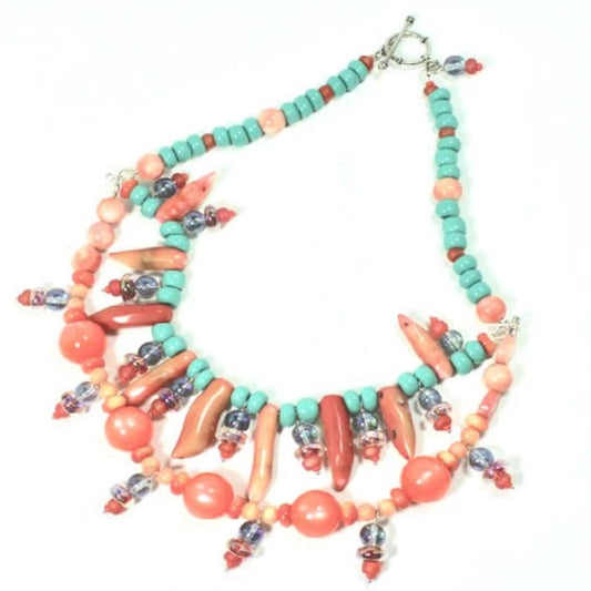 Beaded Turquoise,Lucite,Coral Fantasy Double Strand Necklace Top View