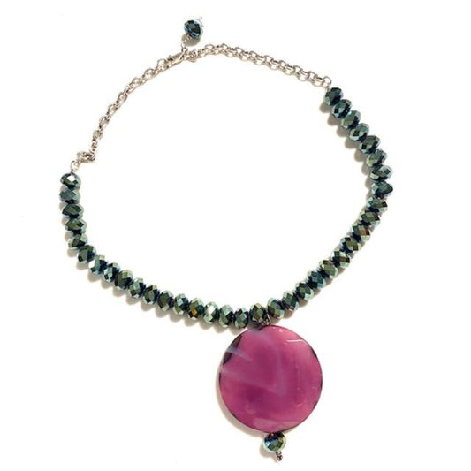 Beaded 17 inch choker style necklace with large round smooth magenta agate focal bead suspended from forest green facetted crystals and silver chain