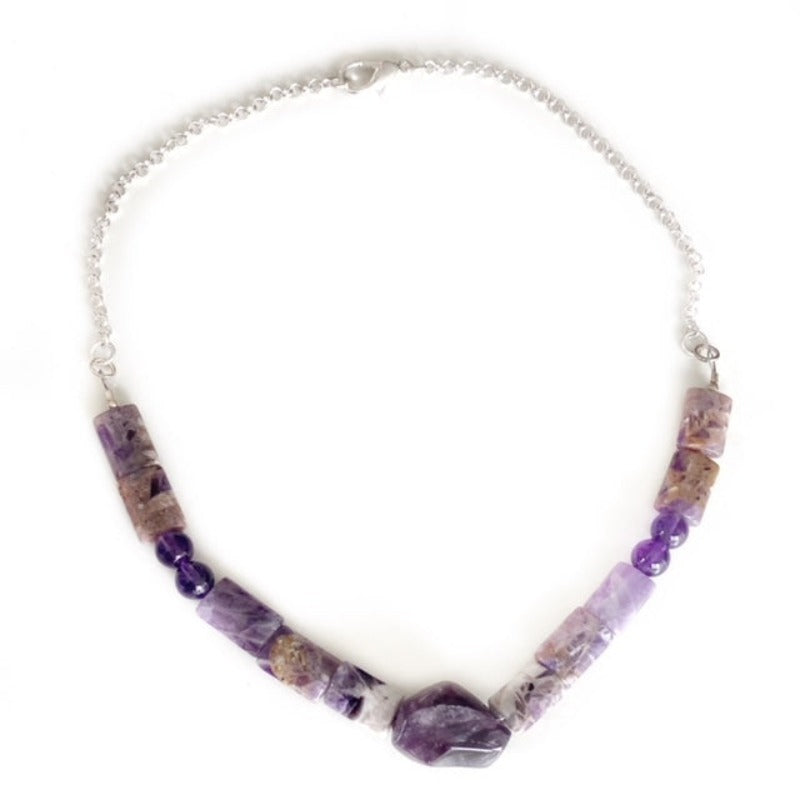 Beaded mottled purple rectangular round and nugget amethyst 18-inch necklace on silver-plated chain top view