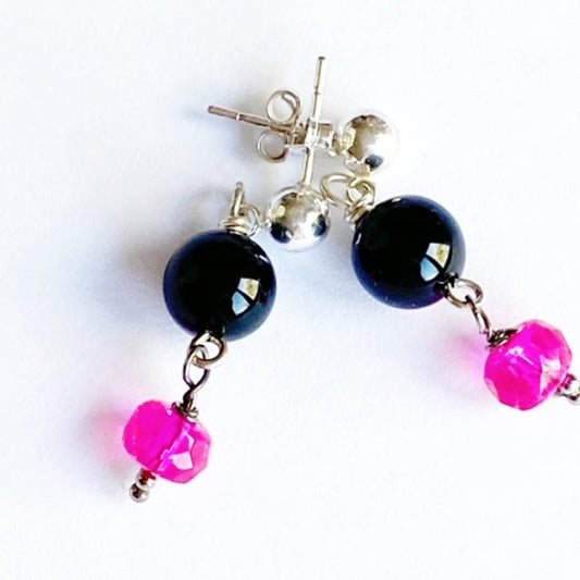 Round hematite with hot-pink facetted accent bead wire-wrapped to Sterling Silver Stud earrings