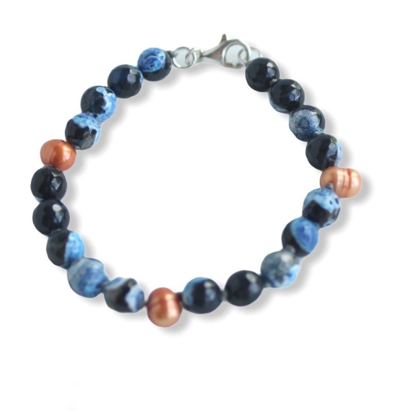 Blue Black Swirled Agate Hand-knotted Bracelet with Orange Pearl Accents Sterling Silver Clasp Top View