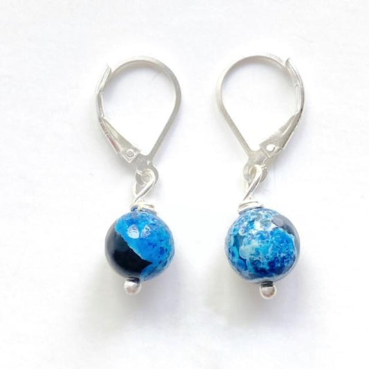 Blue-black Swirled Agate Sterling Silver Leverback Earrings Top View