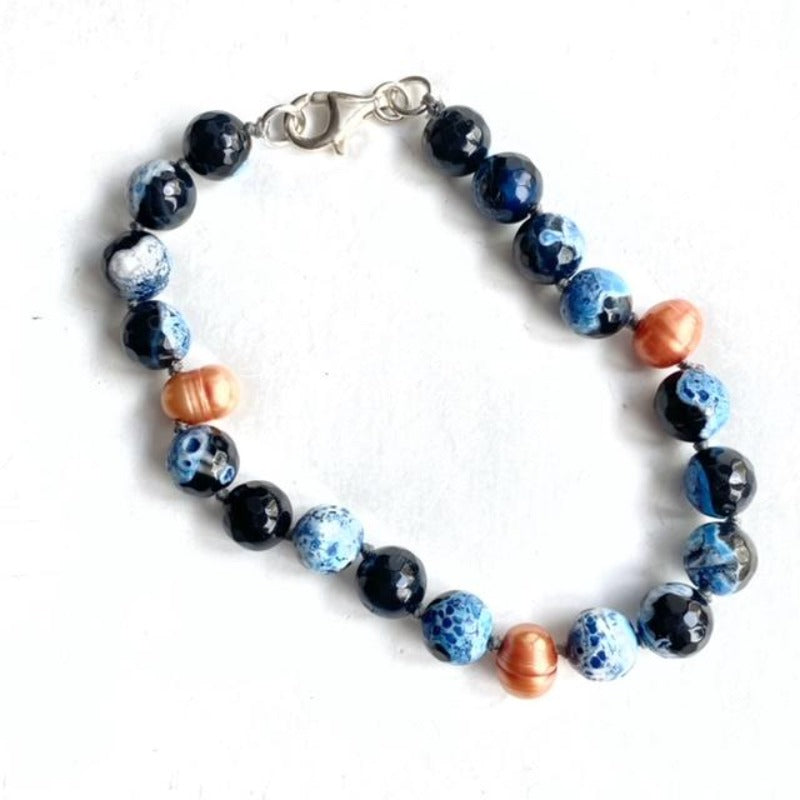 Blue Black Mottled Agate and Orange Pearl Hand-knotted Bracelet