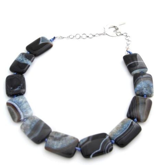 Blue Black Striped Agate Hand-knotted Necklace Flatlay