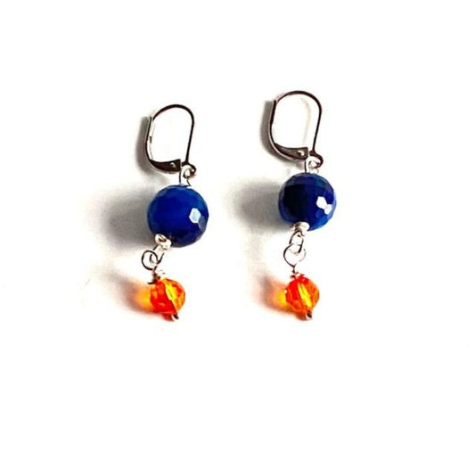 Blue Facetted Agate Earrings Orange Crystal Accents Top view