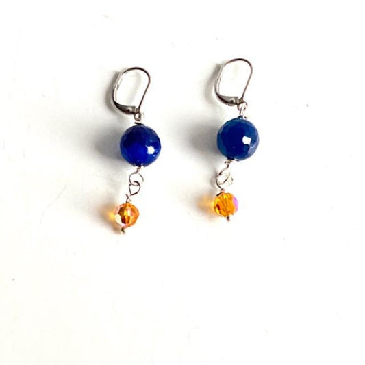 Blue Facetted Agate Earrings Yellow Crystal Accents Flatlay