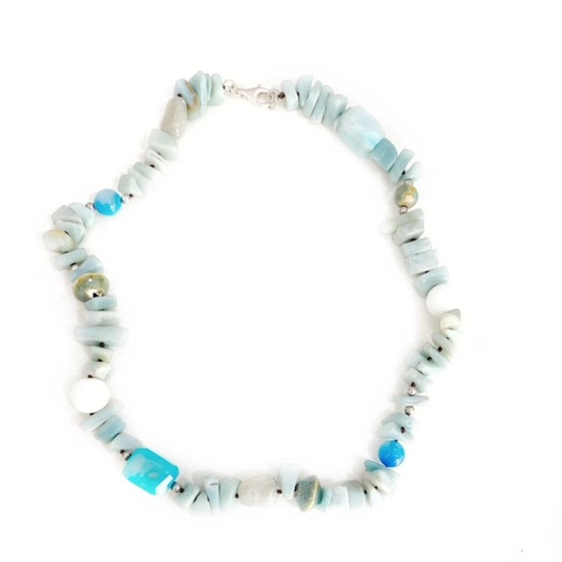 Bright Amazonite nugget blue and white accent beads hand-knotted into a 20-inch necklace with sterling clasp top view