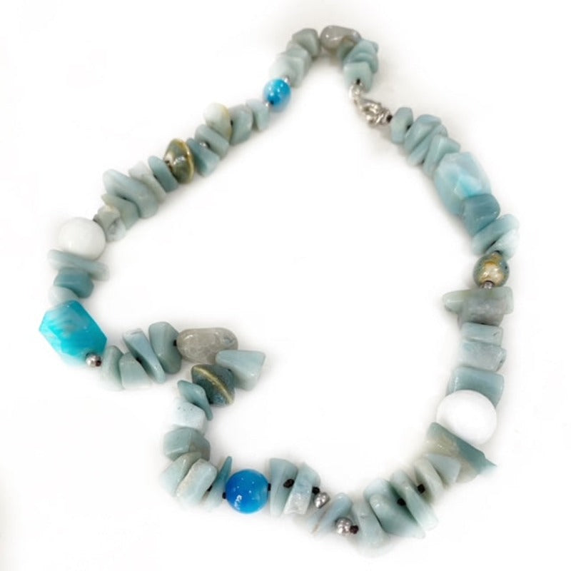 Chunky blue Amazonite nuggets hand-knotted 20-inch necklace with brilliant blue agates and white accent agates Top view