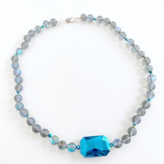 Iridescent Blue Gray Hand-knotted Bead 19 1/4" Necklace with Cobalt Crystal Centre Bead Top View 1