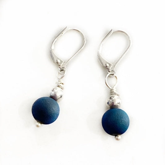Blue drusy agate single drop earrings with hypo-allergic stainless steel ear wires top view