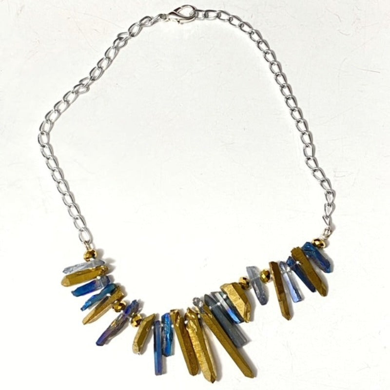 Blue and gold electroplated delicate quartz crystal spike knotted statement choker 17