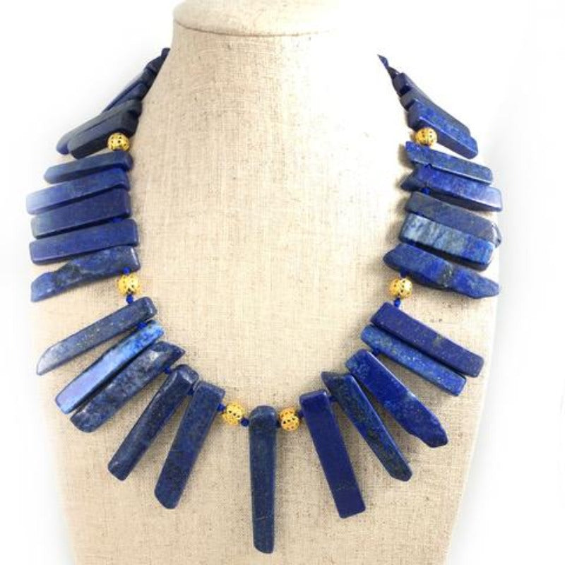Chunky hand-knotted blue lapis lazuli flat spike 19 Inch necklace on linen bust