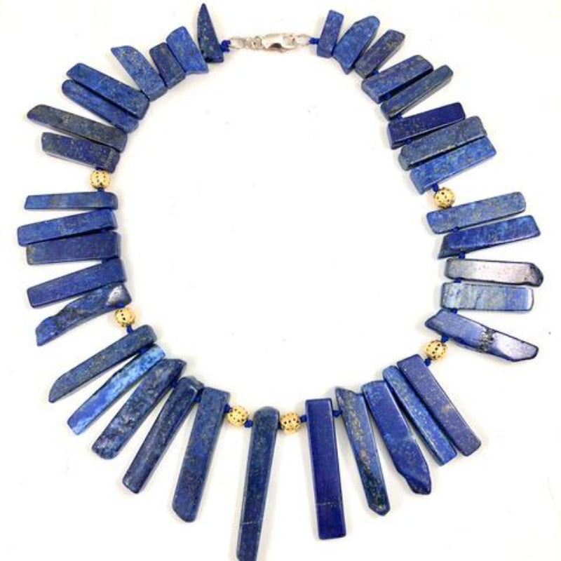 Chunky hand-knotted blue lapis lazuli flat spike 19 Inch necklace top view