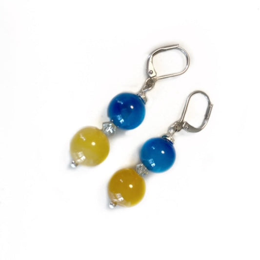 Blue and yellow round agate beads with a sparkling Austrian crystal between them securely double wire-wrapped to hypoallergenic Stainless steel lever-back ear wires top view