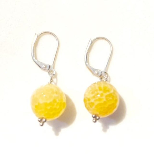 Facetted Large 1/2" Bright Yellow Agate Earrings Silver-plated Leverbacks Top View