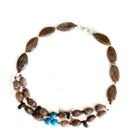 Brown Jasper blue Agate hand-knotted 18-inch necklace double segment tan and brown beads top view silver lobster clasp