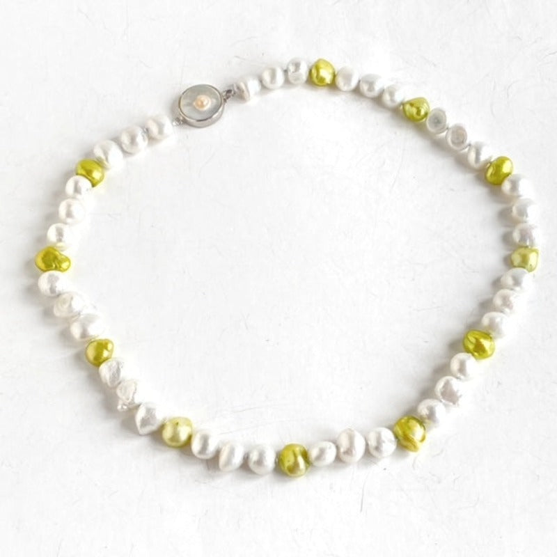Chartreuse and silver hand-knotted 20- inch freshwater pearl necklace with Pearl box clasp top view