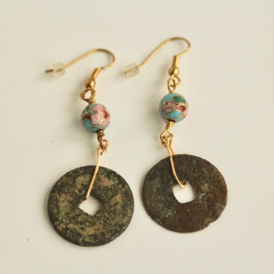 Authentic Antique Chinese Coin Blue Cloisonné Dangling Earrings Flatlay