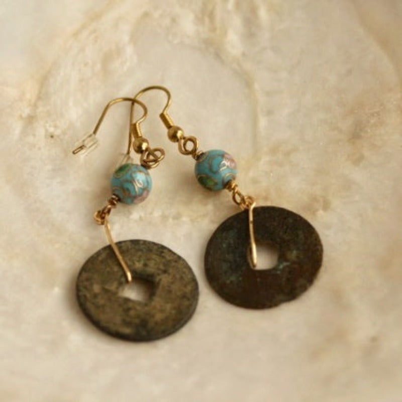 Authentic antique Chinese Coin and Blue Cloisonne Statement Dangling Earrings shown on shell prop