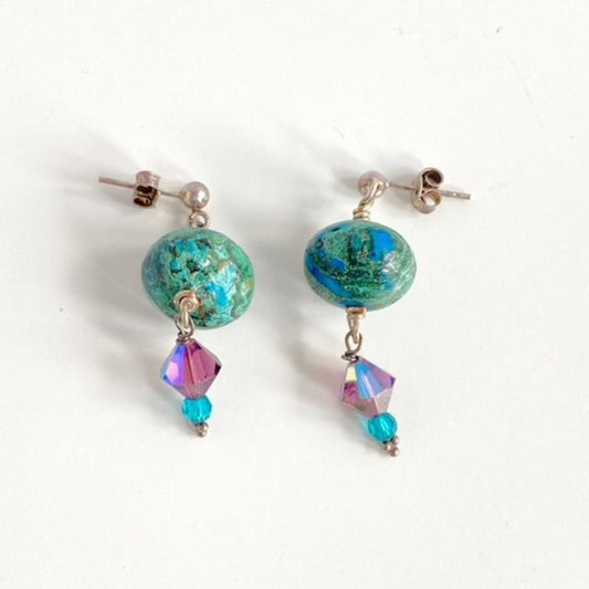Chrysocolla Bead earrings on Sterling Silver Stud findings with dangling purple and turquoise Austrian Crystal accents