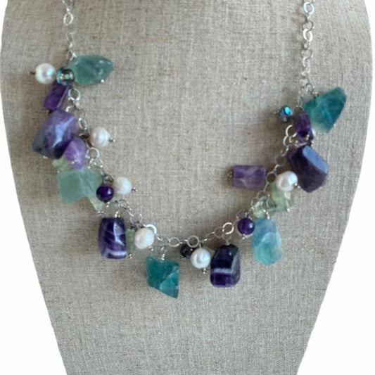 Chunky Fluorite Amethyst Pearl 20" Statement Necklace Closeup