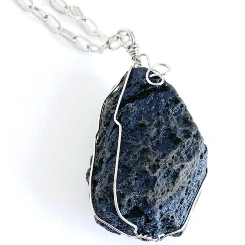 Chunky black Astrolite Wire-wrapped Teardrop Pendant on silver metal 25