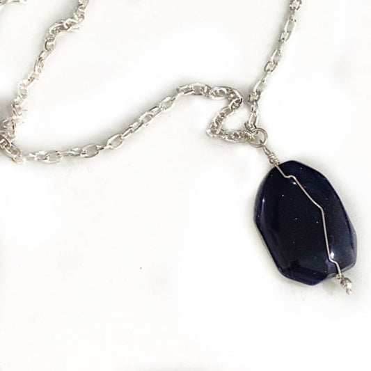 Chunky wire-wrapped blue goldstone faceted 2-inch pendant on long 42" silver-plated chain