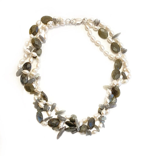 Chunky knotted 21-inch triple strand white freshwater pearls and gray Labradorite oval and spike beads with sterling silver clasp shown top view