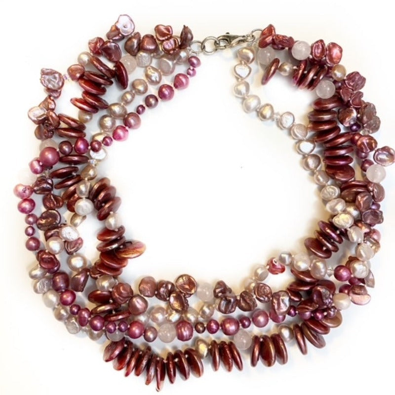 Chunky 4-strand knotted pink and rose pearl necklace Top view