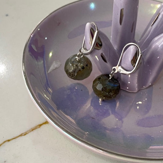 Chunky faceted nugget Labradorite earrings shown on lavender jewelry dish