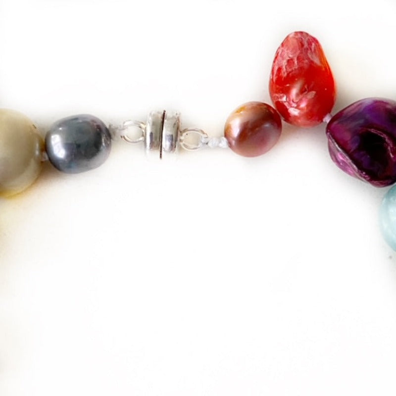 Closeup of the discreet silver-toned button magmetic clasp and the adjoining inky black and rust pearls beside it