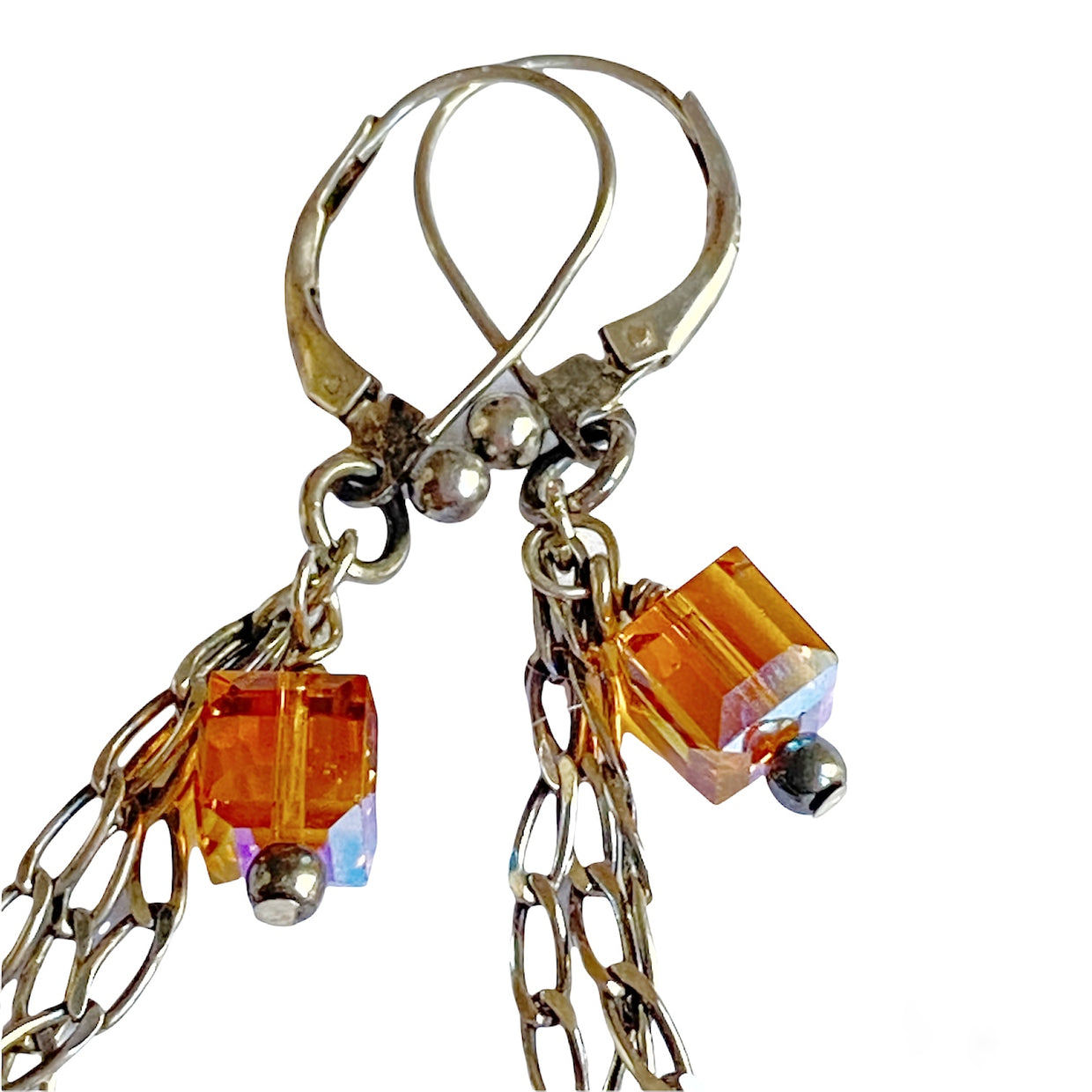 Elegant Yellow-topaz Crystal cube Long Chain Dangling Earrings-Sterling Leverbacks