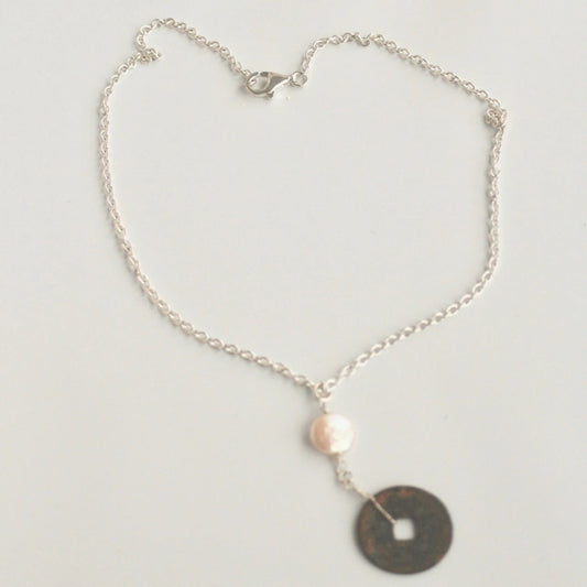 Peach Coin Pearl and Antique Chinese Coin Statement Pendant on Sterling Silver Chain