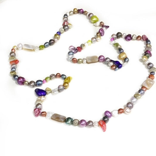 Continuous strand 24-inch hand-knotted dyed multi-coloured freshwater pearl necklace shown as top view