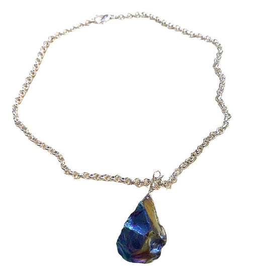 Chunky Iridescent Cosmic Galaxy Titanium Quartz Teardrop Pendant 18" Plated Chain Top View