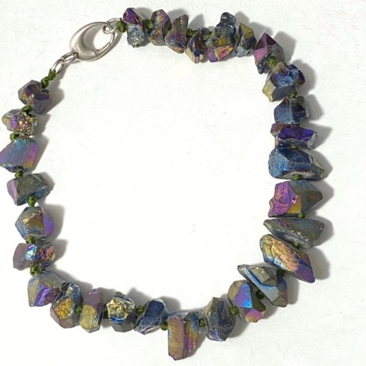 Chunky iridescent 20-inch electroplated quartz hand-knotted statement Power necklace Cosmic Galaxy Top view